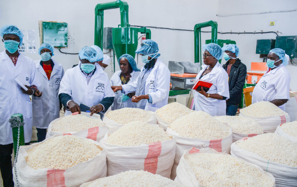 AGRA President Dr. Agnes Kalibata (middle) with an international delegation at Super Seki Investment factory in Iringa Region, Tanzania where they produce fortified maize flour. The company serves over 2,000 smallholder farmers